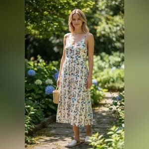 Old Navy White Floral Spaghetti-Strap Maxi Dress with Blue and Yellow Blooms